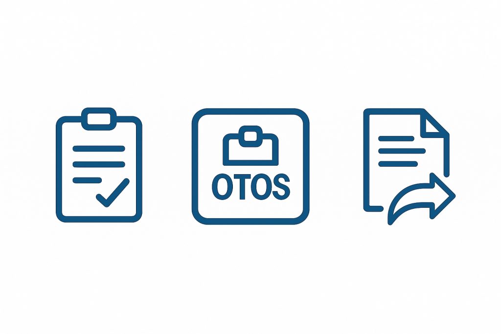 클립보드 체크, otos 코드, 파일 전송을 상징하는 3개의 파란색 아이콘
